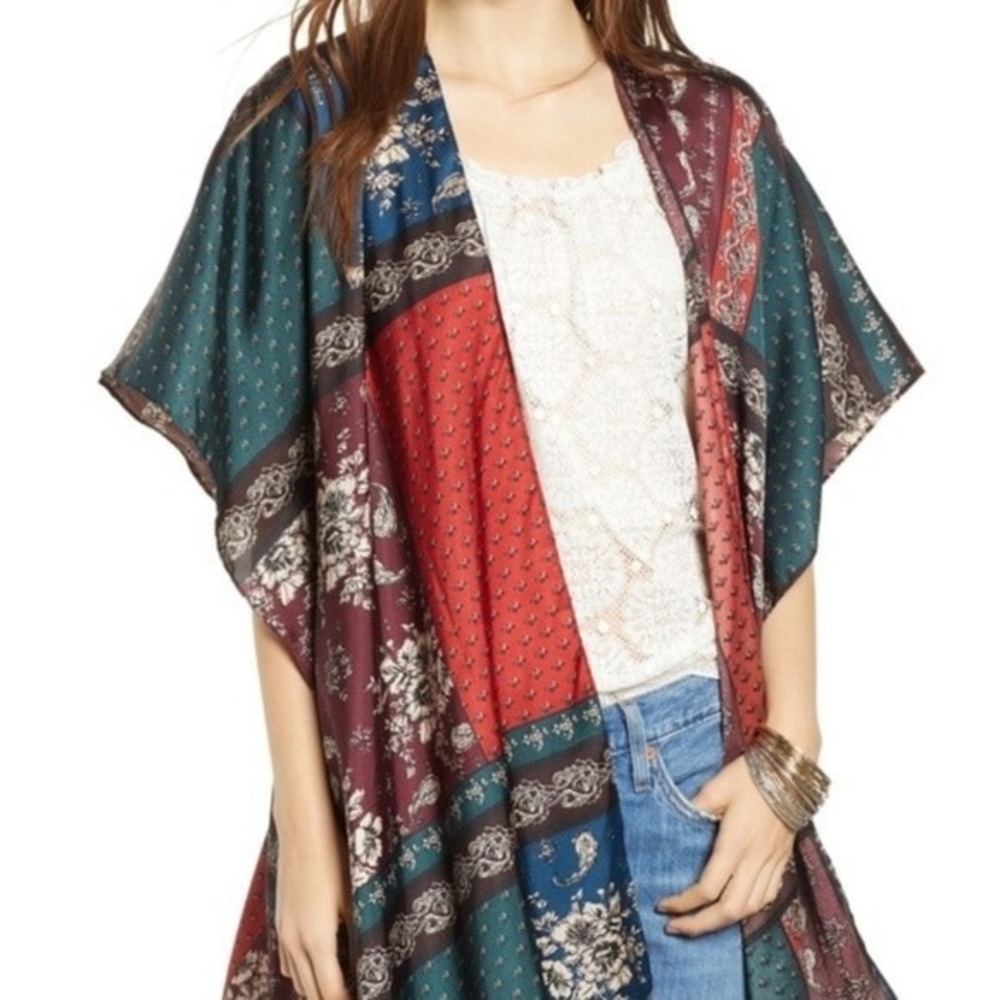 Free People Mon Cheri Silky Patchwork Kimono ONE Size Boho Hippie Festival